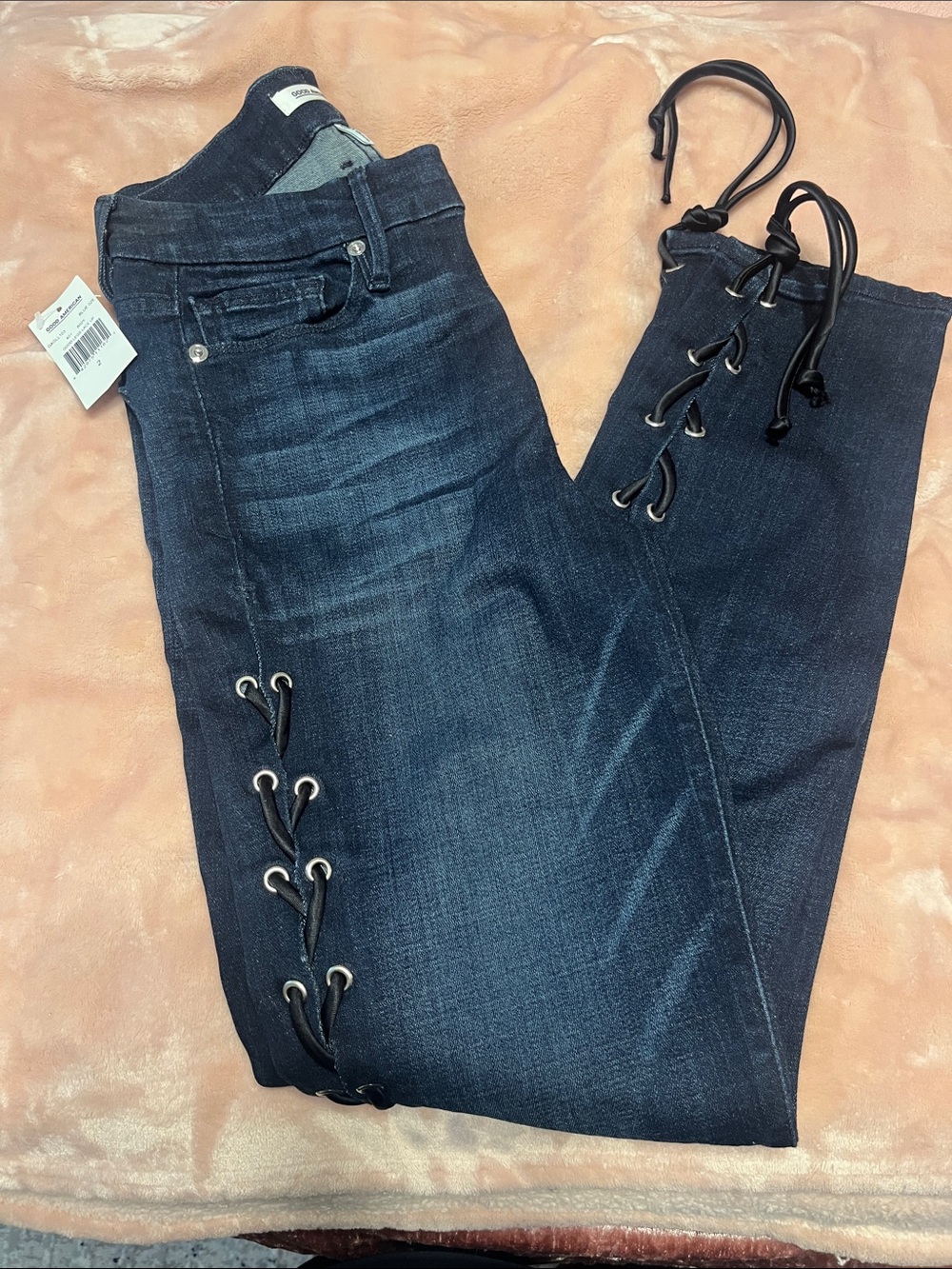 Good American Dark Indigo Lace-Up Skinny Jeans